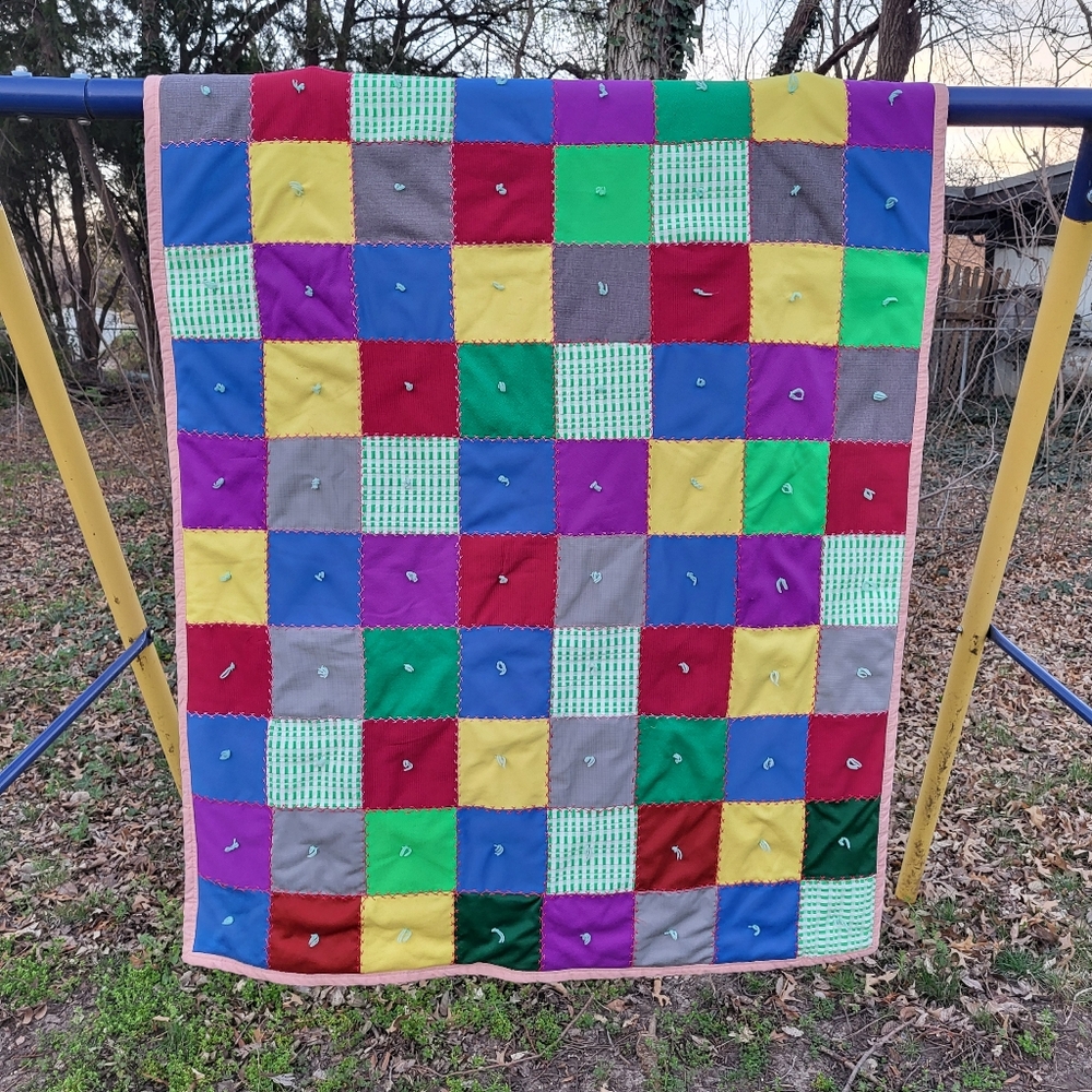Vintage Patchwork Tie Quilt handmade size  42" X 80" Cottagecore farmhouse